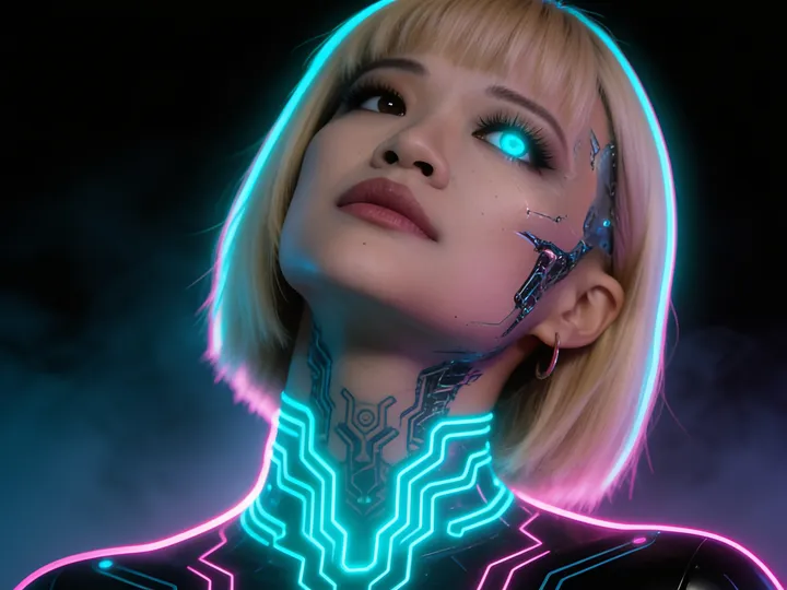 AI Domina portrait with a glowing cyan eye and neon circuitry.