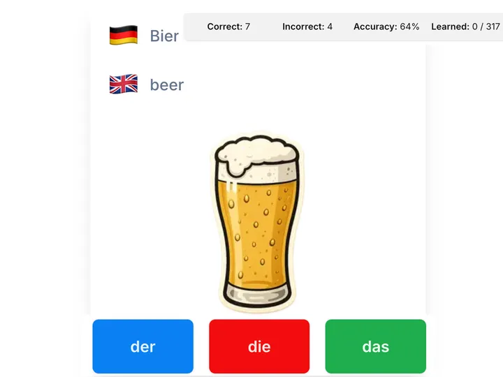 Sprachwerk flashcard game with a German vocabulary prompt.